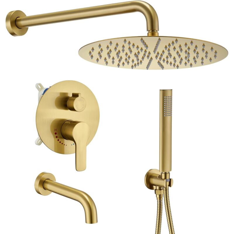 Système de Douche Encastré，pommeau de douche rond de 12 pouces, 3 fonctions, pomme de douche à effet de pluie avec douchette à main（Doré）