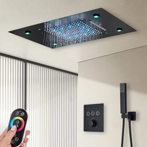 Système de douche LED encastré au plafond pour salle de bain, ensemble de douche thermostatique à effet pluie avec douchette, 35,5 x 51 cm