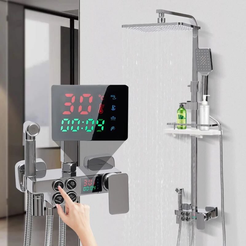 Système de douche mural avec indicateur de température, moderne argenté panneau de douche ensemble de douche Robinet De Douche 4 modes, colonne de