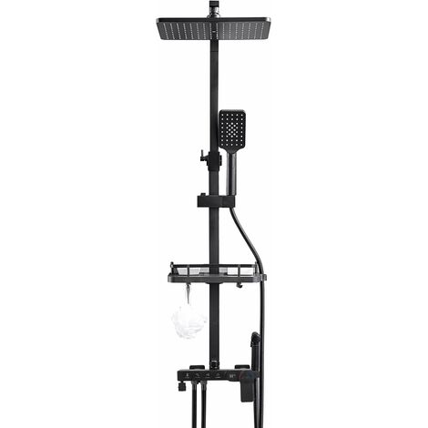 Système de douche noir avec mélangeur thermostatique, robinet de douche avec douche à effet pluie, douchette à main et barre de douche réglable en hauteur (boutons et affichage LED)