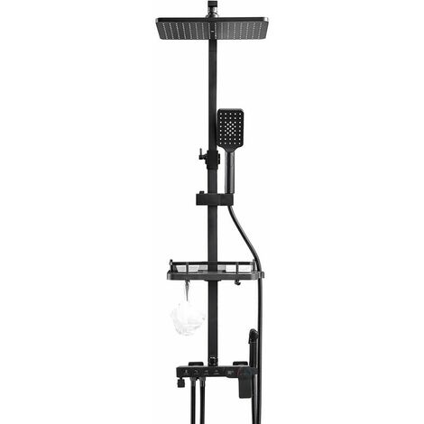 Système de douche noir avec mélangeur thermostatique, robinet de douche avec douche à effet pluie, douchette à main et barre de douche réglable en hauteur (boutons et affichage LED)