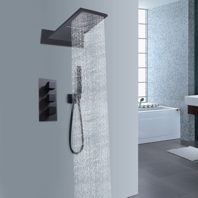 Système de douche noir avec thermostat encastré Douche à effet pluie Set de douche