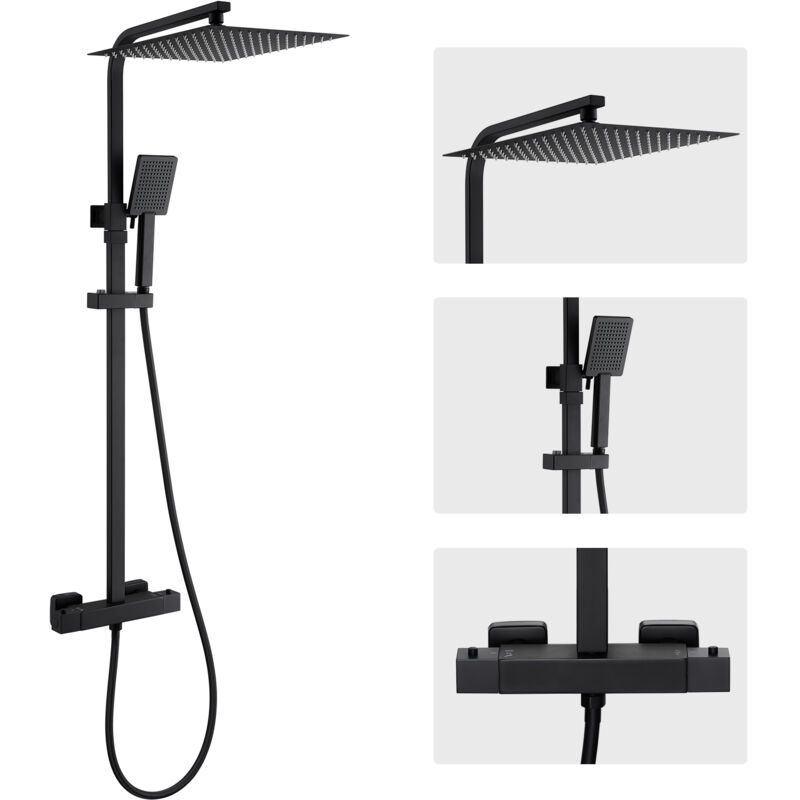 Auralum Max - Système de douche noir ensemble complet avec thermostat, ensemble de douche douche à effet pluie avec pomme de douche de 12 pouces,
