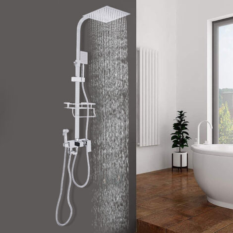 Système de douche Panneau de douche à 4 modes Ensemble de douche à effet pluie Avec étagère Thermostat Douchette à main Acier inoxydable argenté
