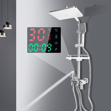 Système de douche pour la maison avec thermostat, colonne de douche en acier inoxydable argentée, pomme de douche à effet pluie, ensemble de douche polyvalent, barre de douche réglable de 73 à 116 cm
