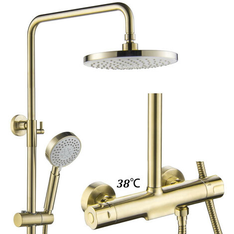 Système de Douche Thermostatique Ensemble de Douche Montage Mural Or Brossé Colonne de Douche avec Tête de Douche, ABS Douchette à Mains, Cascade Robinet de Baignoire