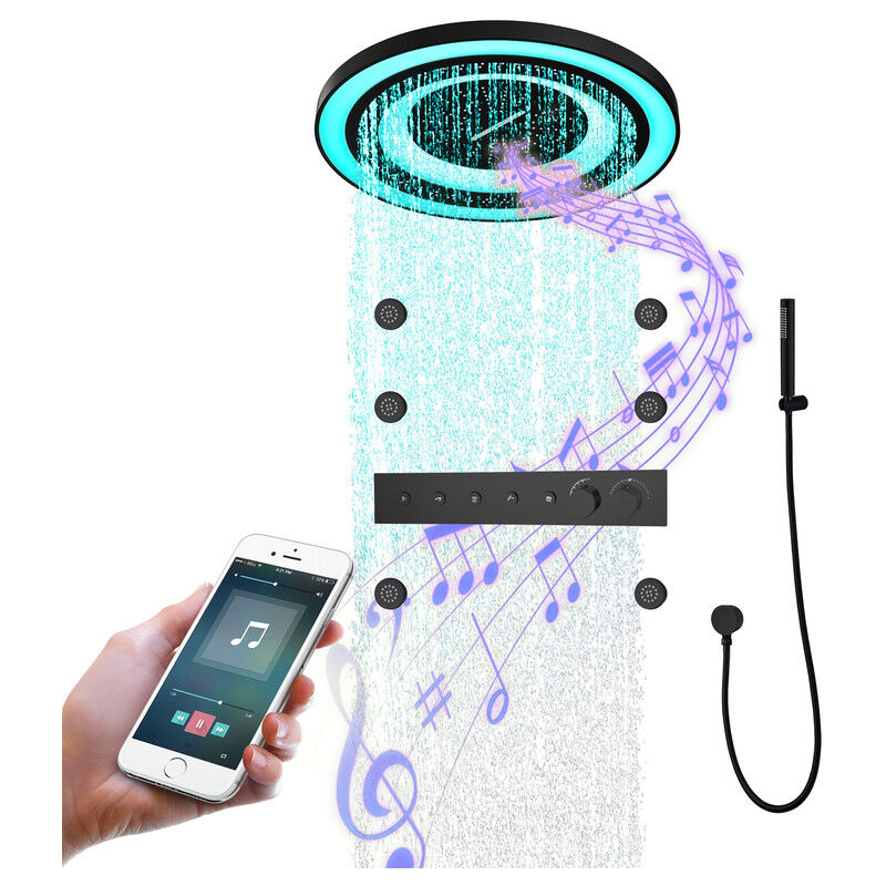 SystèMe De Douche Thermostatique Musical, 600mm Pomme De Douche Ronde En Acier Inoxydable 304, led 64 Couleurs Ensemble De Douche Caché, Douchette à