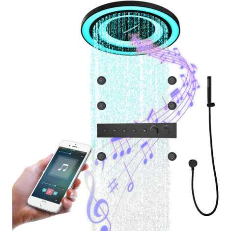 SystèMe De Douche Thermostatique Musical, 600mm Pomme De Douche Ronde En Acier Inoxydable 304, LED 64 Couleurs Ensemble De Douche Caché, Douchette à Main, Spray LatéRal 6 PièCes（Noir）