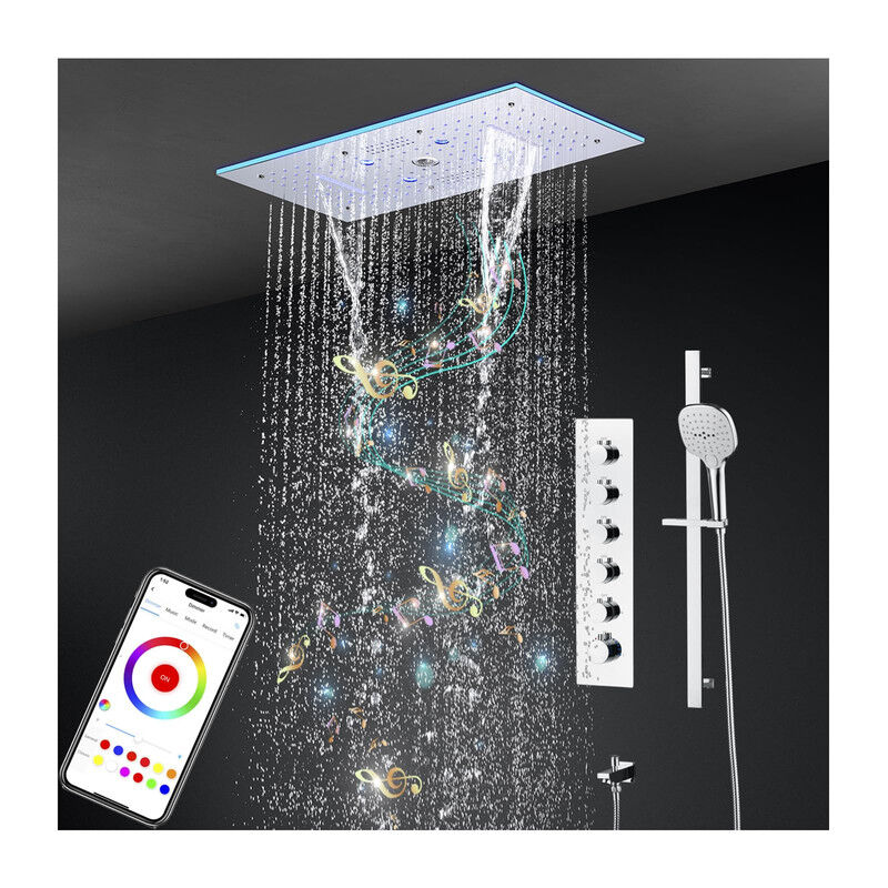 Système de Douche Thermostatique Musical, led 64 Couleurs Bluetooth Colonne Douche Encastré Ensemble de Douche avec 600 300mm 9 Fonctions Tête de