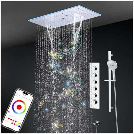 Système de Douche Thermostatique Musical, LED 64 Couleurs Bluetooth Colonne Douche Encastré Ensemble de Douche avec 600  300mm 9 Fonctions Tête de Douche, Douchette, Robinet de Baignoire (Chrome)