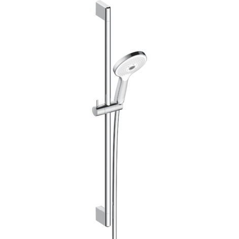 Système de douche universel Duravit, barre de douche (700 mm) avec douchette 3 types de jets (Rain, Pulse, Mono) réglable en hauteur et flexible de douche avec protection anti-torsion, chromé/blanc