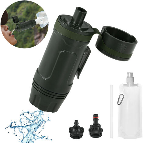 Système de filtration d'eau de paille de filtre à eau portable avec miroir pour urgence de survie en plein air (noir)