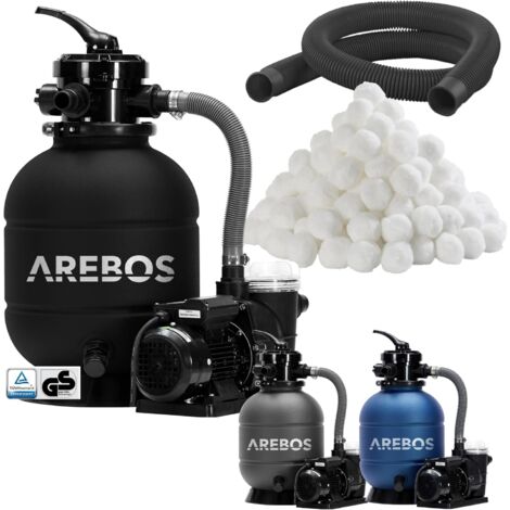 Système de Filtre à Sable AREBOS - Noir - 400W - 10.200 L/h - Capacité du réservoir jusqu'à 20 kg de sable - Vanne à 4 Voies avec poignée - Avec manomètre