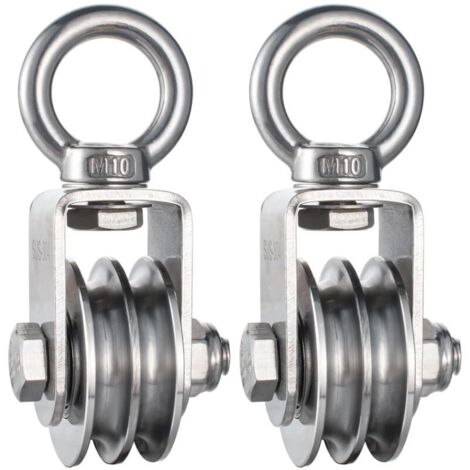 Système de levage composé de deux poulies à double câble robustes en acier inoxydable avec roulements internes, capables de supporter 1100 lb.