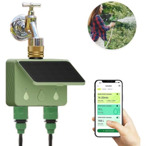 Système de minuterie d'arrosage de jardin : Minuteur d'arrosage intelligent Wi-Fi à double zone, alimenté à l'énergie solaire et avec télécommande.