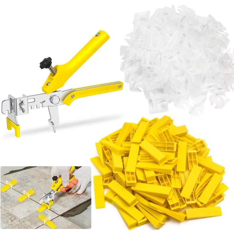 Système de Nivellement de Carrelage 2mm kit Nivellement Carrelage 400 Languettes de Traction 100 Cales Réutilisables et 1Pince, pour Carreaux
