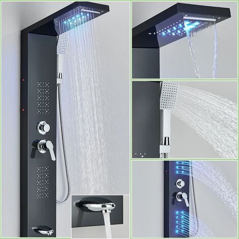 Système de panneau de douche à LED Ensemble de robinet de douche à effet de pluie cascade avec colonne de douche hydromassage à jet de massage SPA avec robinet de sortie d'eau,noir