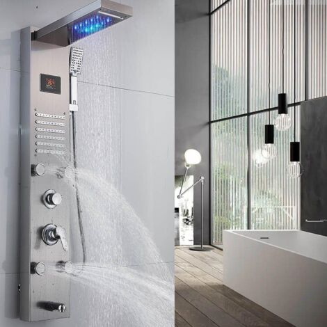 Système de Panneau de Douche LED avec Mélangeur 6 Fonctions en Acier Inoxydable 4 Jets de Massage Corporel Bec de Baignoire Pomme de Douche à Main Colonne de Douche SPA Ensemble de Douche Brossé