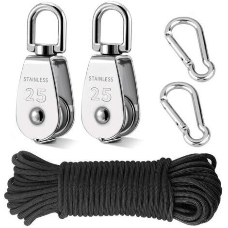 Système de poulie de grue M25 en 2 pièces, système de poulie robuste pour le levage d'un seul palan avec crochet pivotant en acier inoxydable 304 avec 20 m (6 mm) de corde de poulie en nylon et 2 mous