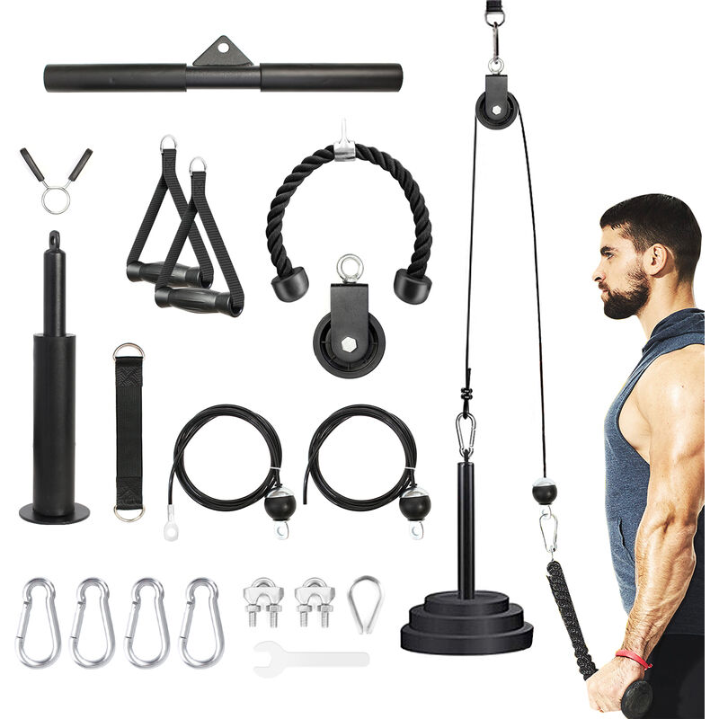 Système de poulie de Levage Fitness lat Machine, Musculation Poulie Rouleau pour Cable Rouleau, 180cm & 230cm cable, pour Biceps, Boucles, Bras