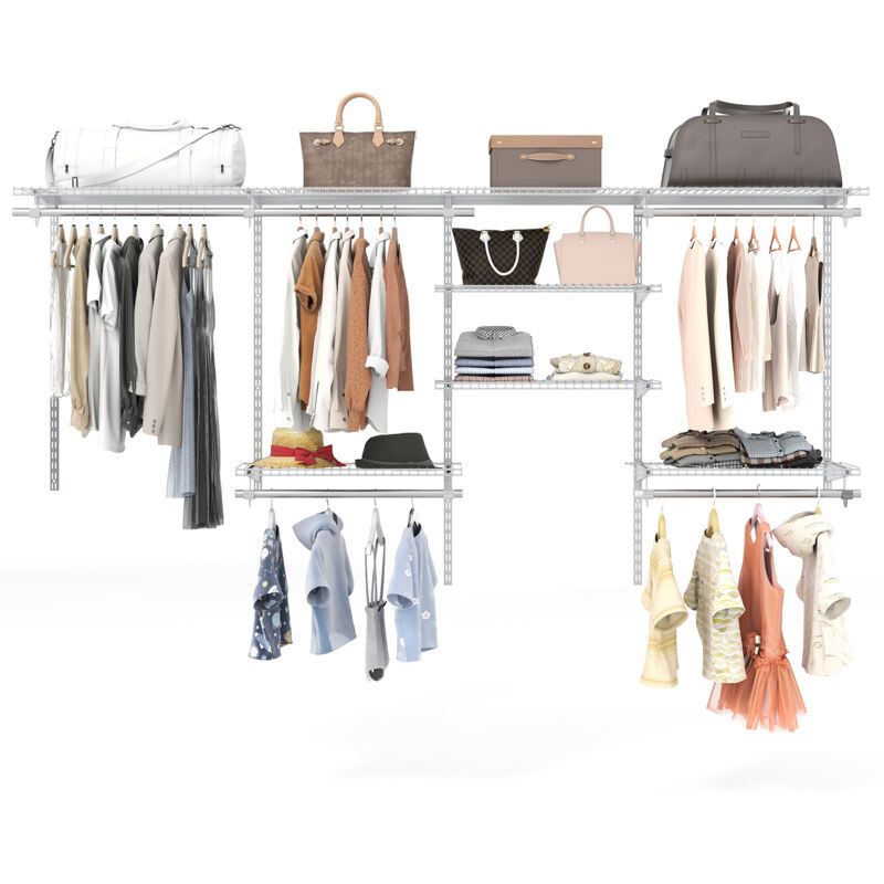 Système de Rangement pour Placard, Étagères Murales Extensibles en Fil Métallique 122-244 CM, Réglable avec Tringle, Étagères Modulaires,Blanc