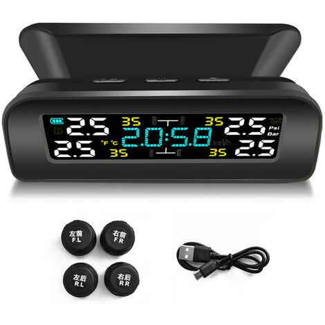Système de surveillance de la pression des pneus solaire universel pour voiture rechargeable par USB haute précision TPMS Dispositif de mesure de la pression des pneus Jauge de moniteur (type externe