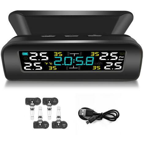 Système de surveillance de la pression des pneus solaire universel pour voiture rechargeable par USB haute précision TPMS dispositif de mesure de la pression des pneus jauge de moniteur (type intégré