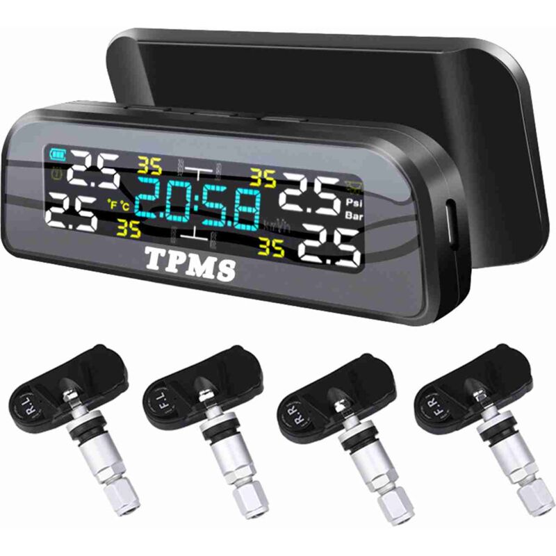 Système de Surveillance de Pression des Pneus Solaire pour Automobile - Détecteur de Pression et Température des Pneus avec Alarme, Rotatable à 360°