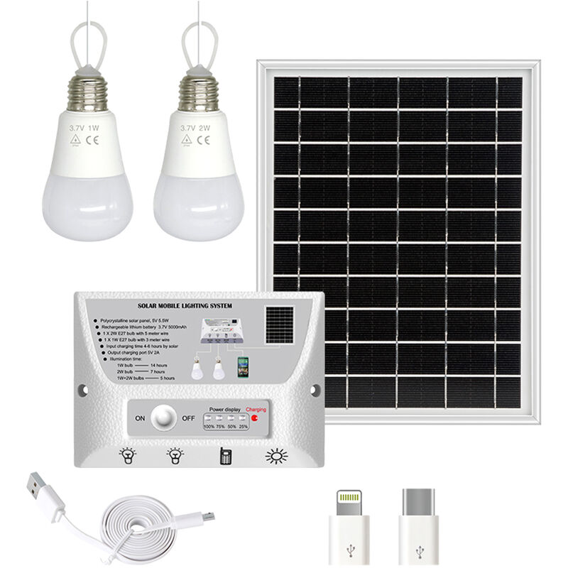 Système d'éclairage solaire extérieur 1W+2W Bulb Rechargeable Mobile Phone Waterproof Outdoor Garden Light Camping Light White