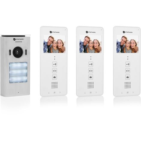 Système d’interphone vidéo Smartwares DIC-22132 – 480p – Écran LCD de 3,5” (8,9 cm) – Caméra panoramique / inclinaison à 15° – Facile à installer – Étanche – 12 mélodies – Vision nocturne – Kit pour 3 appartements