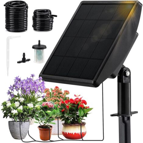 Système d'irrigation goutte à goutte solaire de 15 m (49 pi) - Kit d'arrosage automatique pour 15 pots avec dispositif anti-siphon - Débit de 800 ml/min - Système d'irrigation solaire pour intérieur e
