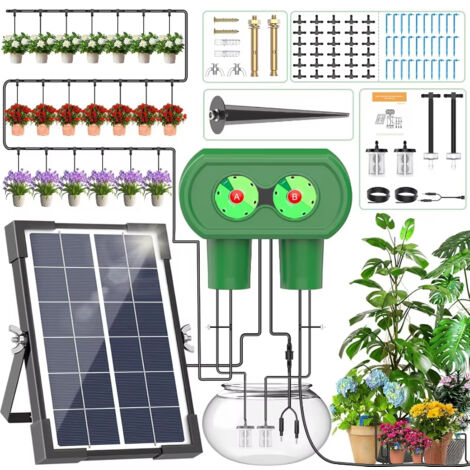 Système d'irrigation Goutte à Goutte Solaire – Kit Système d'arrosage automatique à double pompe pour jardin et cour extérieure