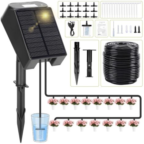 Système d'irrigation solaire automatique pour balcon - Kit d'irrigation goutte à goutte à monter soi-même avec tuyau de 15 m et 15 embouts goutte à goutte, pour l'arrosage des plantes en potager surél