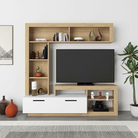 TOSCOHOME Système mural en bois 171 cm avec porte et compartiments ouverts en chêne et blanc - Leo