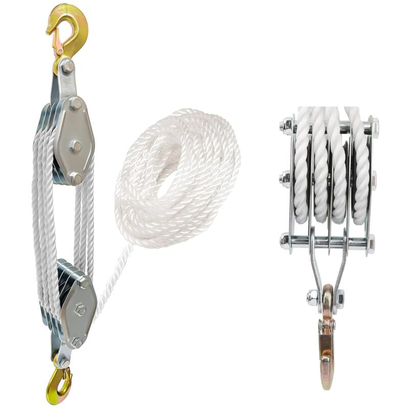 Ikodm - Système Poulie Levage avec Crochet Acier Galvanisé, Corde Nylon 20m, 2000kg Capacité Charge Palan Poulie, 2.5m Hauteur Levage Maximale Cordes
