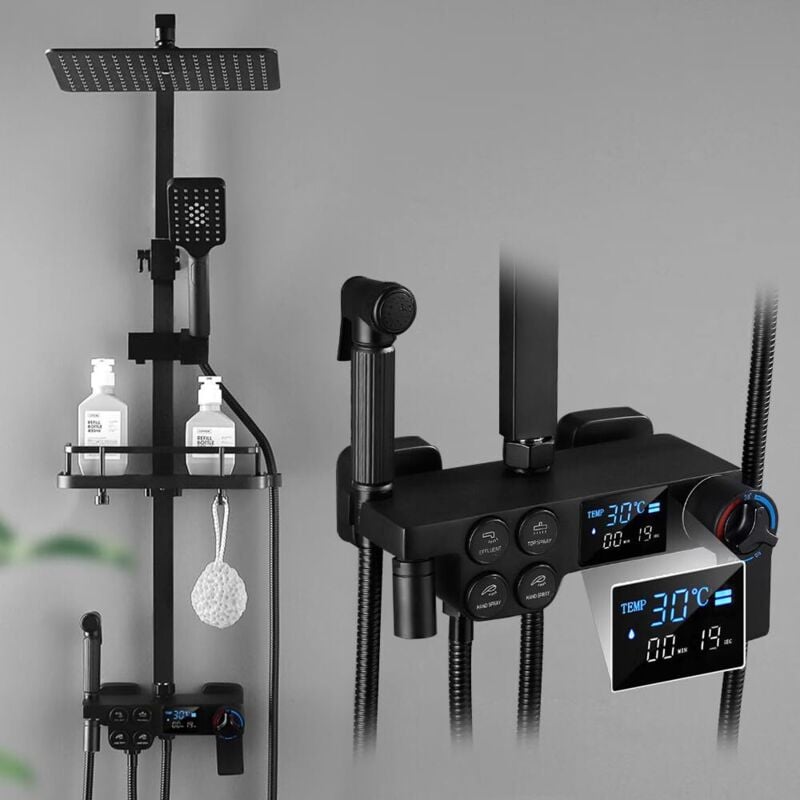 Xiiw - Systèmes de Douche Noir, Kit de Douche Complet Encastré avec Tête de Douche Carrée 30x19cm , Laiton&Acier Inoxydable, Douchette, Colonne