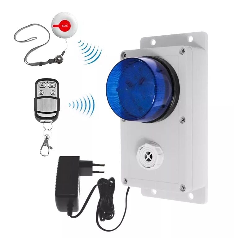 Système d'appel sans fil magasin/bureaux/entreprise - bouton + télécommande + flash & sirène multi tonalités (gamme kp)