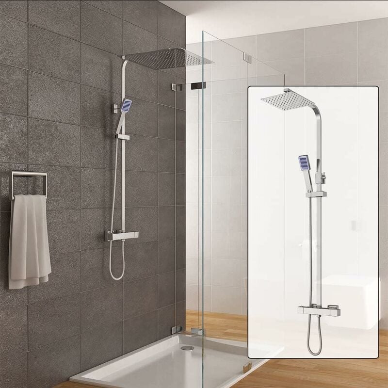 Système de Douche avec Thermostat Robinet de Douche Douche Pluie Set de Douche Douchette Carrée Panneau de Douche Acier Inoxydable Chromé 4040cm