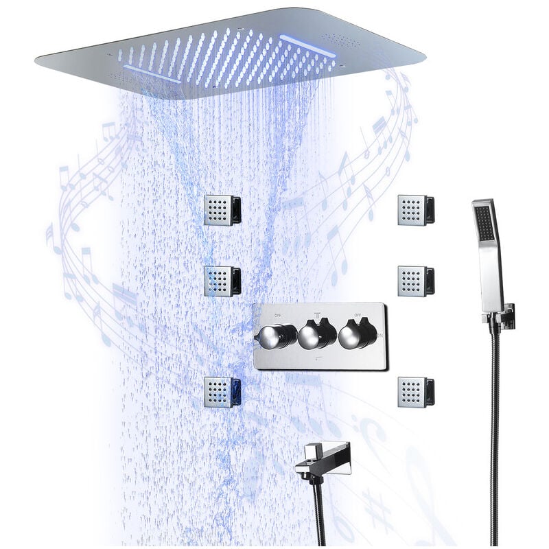Esop - Système de Douche Encastrable Musique 64 Couleurs rgb led 580380mm Ensemble de Douche avec 6pcs 2 Pouce Buse de Massage, Chromé Colonne de