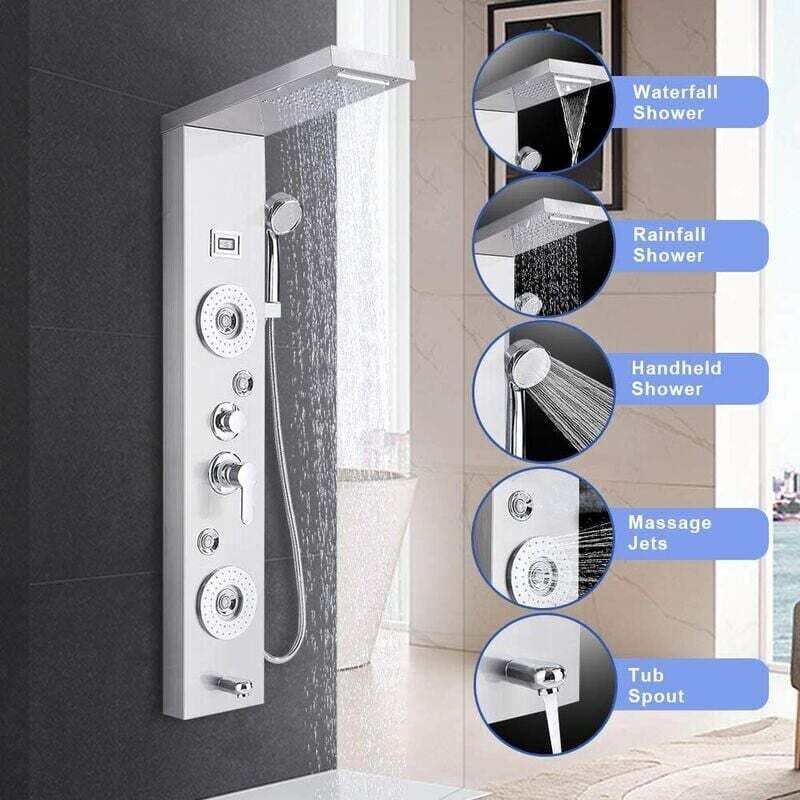 Suguword - led Colonne de Douche Hydromassage Nickel Brossé Acier inoxydable 5 fonctions(Cascade et pluie Tête de douche, douche de poche, jets de