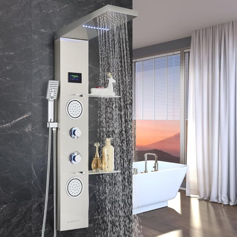 Suguword - led Colonne de Douche Hydromassage Nickel Brossé Acier inoxydable 5 fonctions(Cascade et pluie Tête de douche, douche de poche, jets de