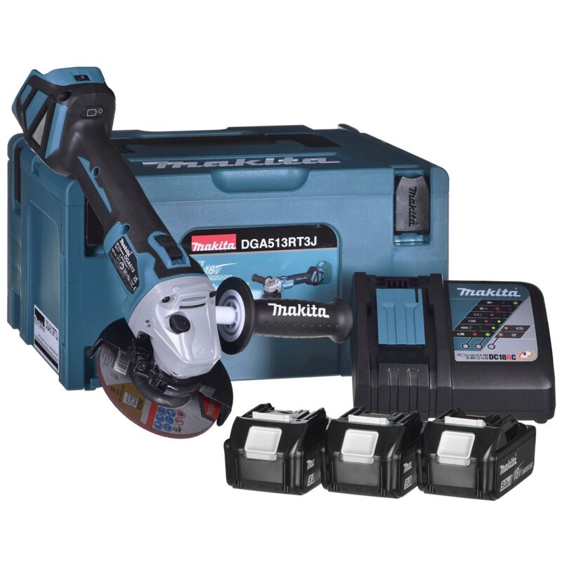 Smerigliatrice angolare a batteria Makita 18V DGA513RT3J con 3 batterie da 5,0 Ah + caricabatterie in makpac
