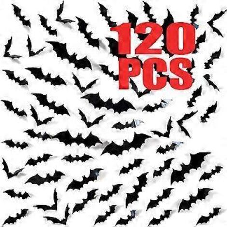 SZTXJ Lot de 120 chauves-souris 3D décoratives pour Halloween, autocollants muraux chauves-souris effrayants à faire soi-même, 4 tailles différentes, fournitures de décoration pour fête d'Halloween