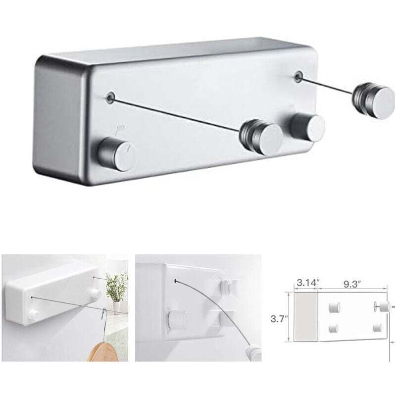 T-Corde à linge rétractable pour intérieur et extérieur, 2 fils à linge de 13.8Feet en acier inoxydable, Pas besoin de percer des trous fixation