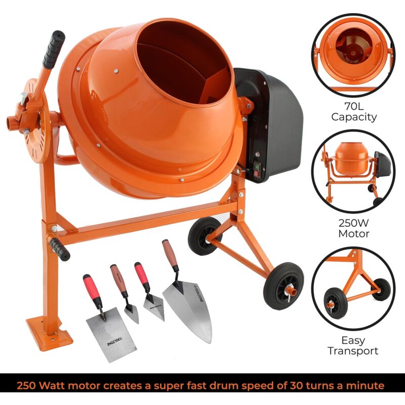 T-mech - 70L Electric Cement Mixer 250W Portable Mortar Concrete Mixing - Orange