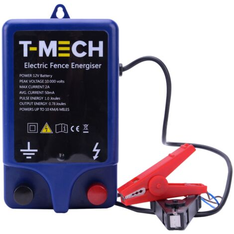T-Mech - Elettrificatore per Recinzioni per Animali 10000 volt Alimentato a Batteria 12v Copertura 10km per Pollame, Bestiame, Pecore, Maiali, Cavalli e Cervi