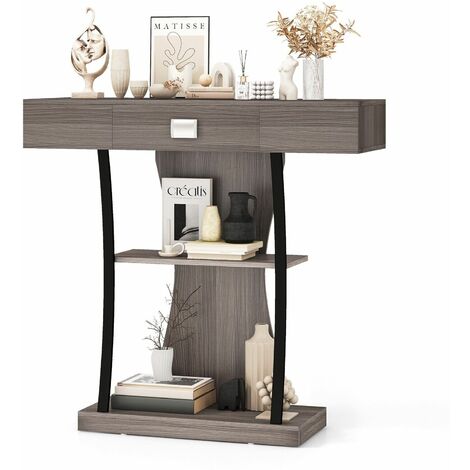 T-Shaped Industrial Console Table Narrow Sofa Side Table Entryway Display Shlves