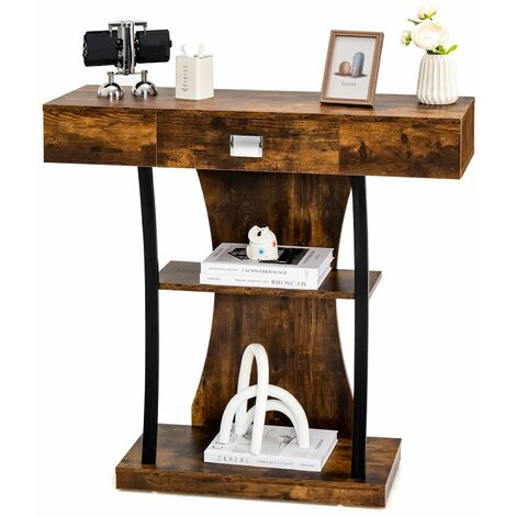 T-Shaped Industrial Console Table Narrow Sofa Side Table Entryway Display Shlves