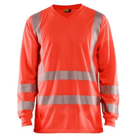 T-shirt de travail manches longues col V haute visibilité anti-UV 3385 - Rouge fluo XL