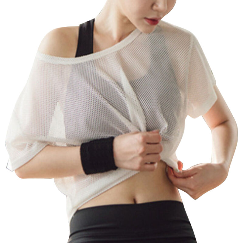 T-shirt Femme en Maille Respirant pour Yoga et Fitness, Manches Courtes, Coupe Lâche, Blanc, Taille M